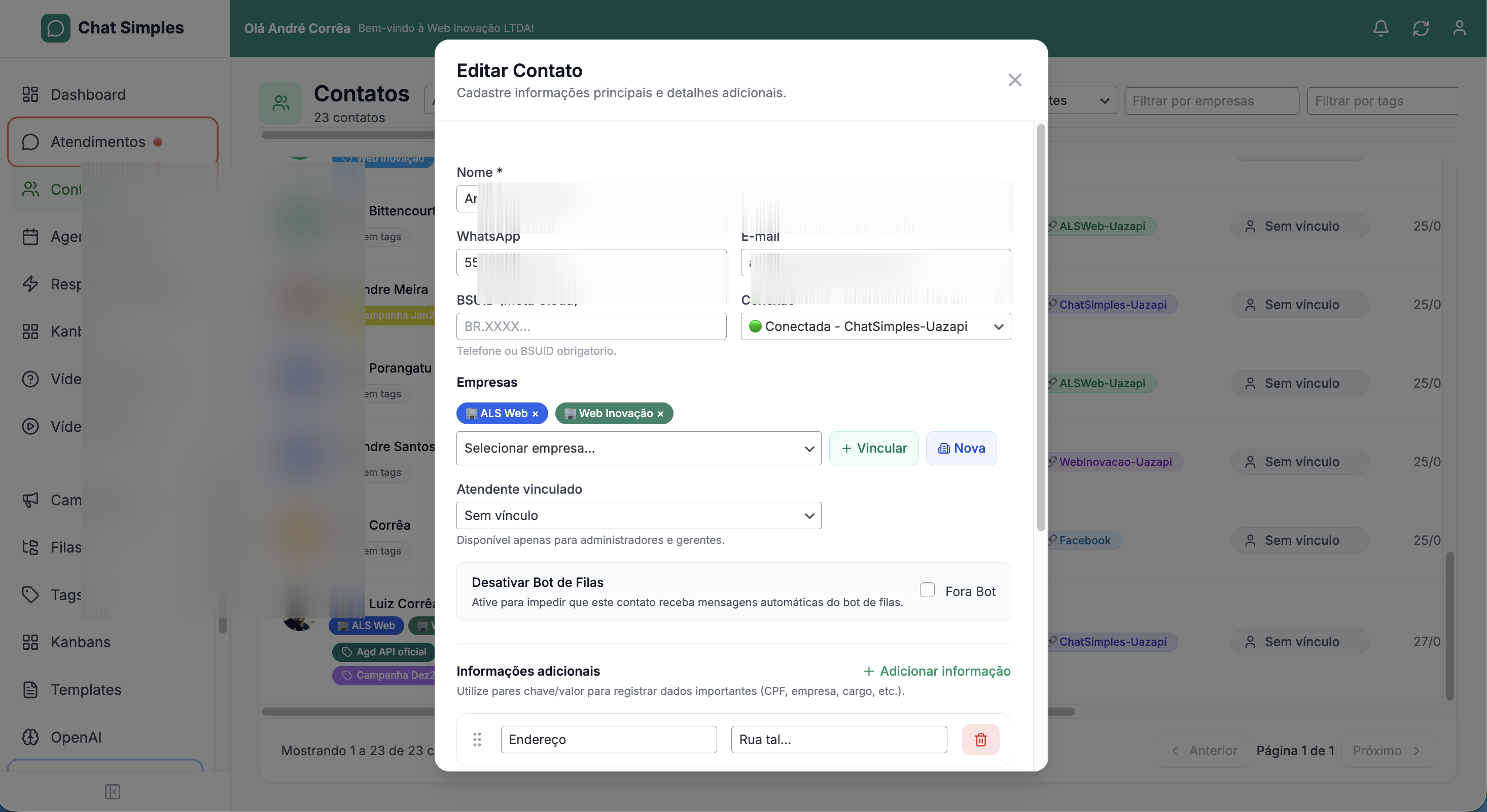 Cadastro de contato do Chat Simples — tela com nome, WhatsApp, número da conta Meta, canal usado, empresas vinculadas, atendente e informações adicionais