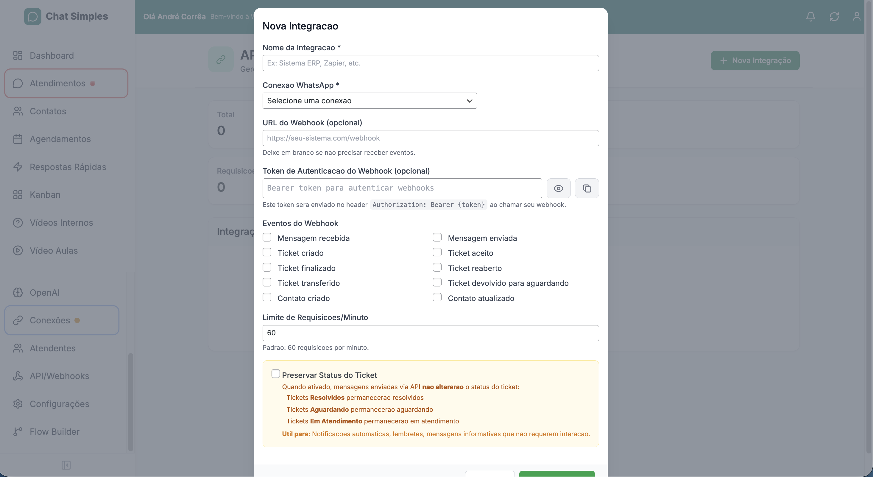 Conexão com outros sistemas no Chat Simples — tela Nova Integração com endereço de aviso automático, segurança, eventos disponíveis e limite configurável