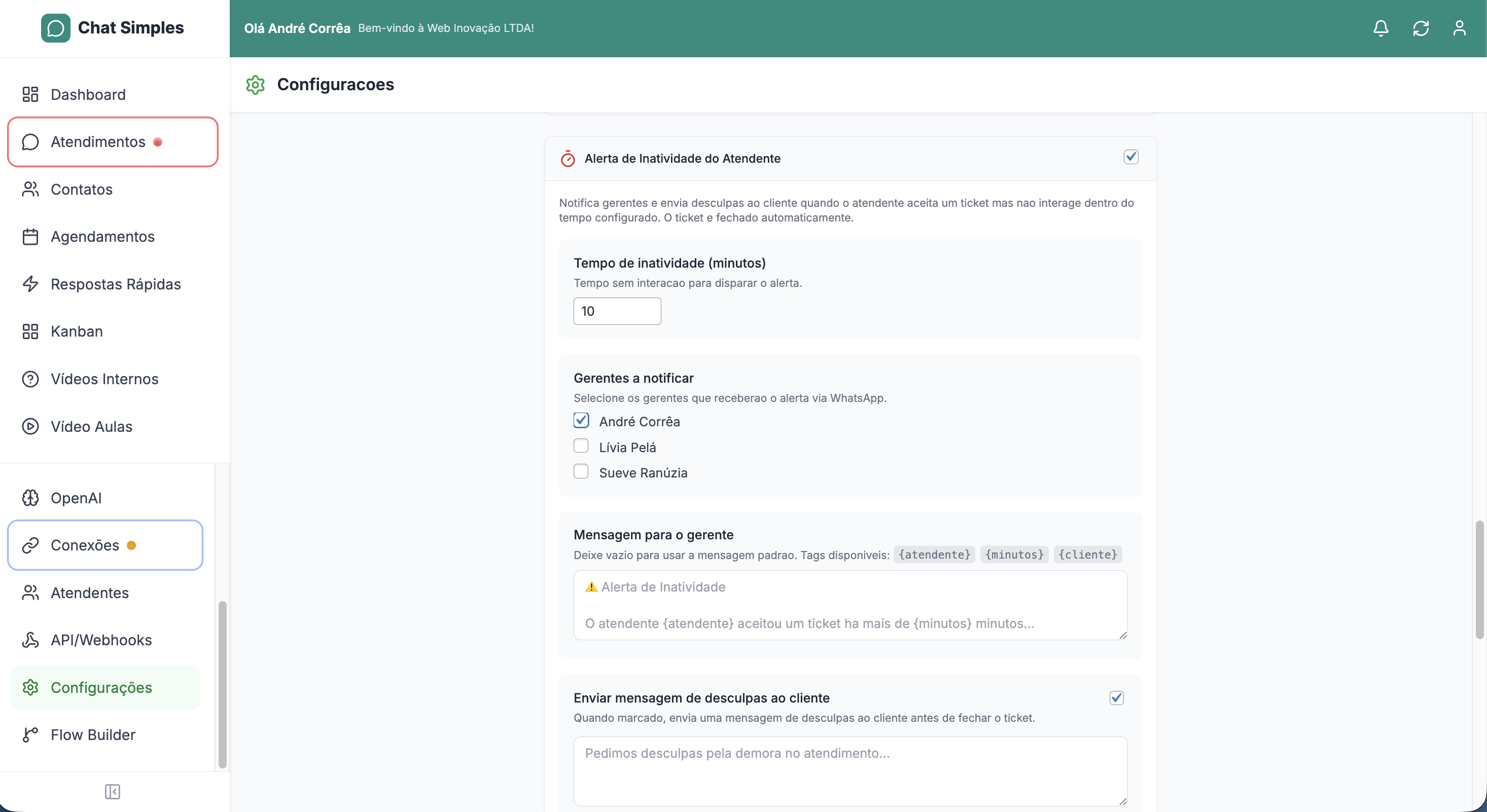 Configurações do Chat Simples — Alerta de Inatividade do Atendente com tempo configurável, gerentes a notificar e mensagem com tags dinâmicas